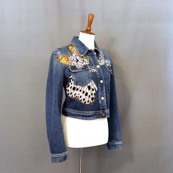 Roberto Cavalli Size IT 46 Butterfly Denim Jean Jacket Vintage - Picture 10 of 15